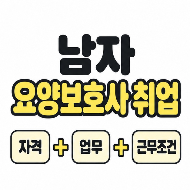 남자 요양보호사 취업 제목 아래 자격과 업무, 근무조건을 더하기 기호로 연결한 대표 이미지