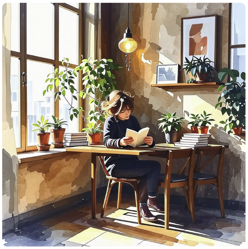 편안한 분위기의 창가 자리에서 책을 읽고 있는 젊은 여성, 탁자 위에는 몇 권의 책이 더 올려져 있다