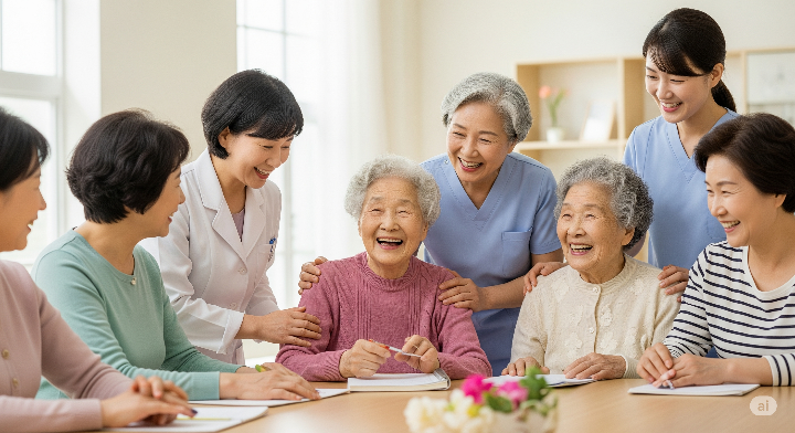 밝고 희망찬 분위기 속에서 치매 예방을 위한 건강 습관을 상징하거나, 치매 환자와 가족, 의료진이 함께 웃는 따뜻한 모습의 이미지