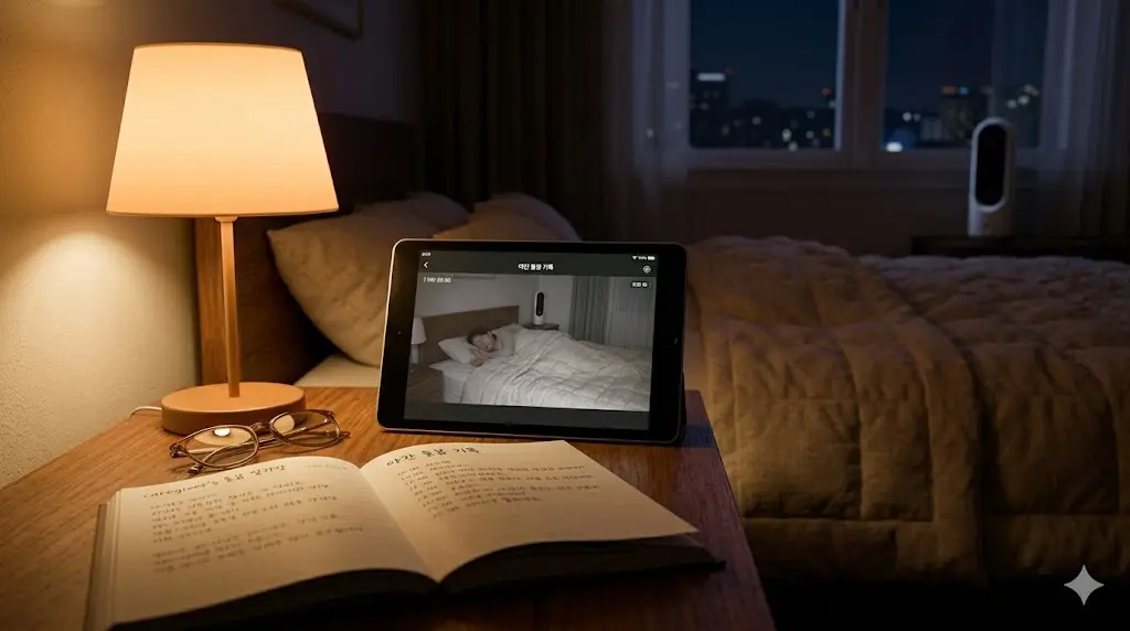 야간 돌봄 상황과 태블릿을 통한 스마트 홈 카메라 모니터링 시각화