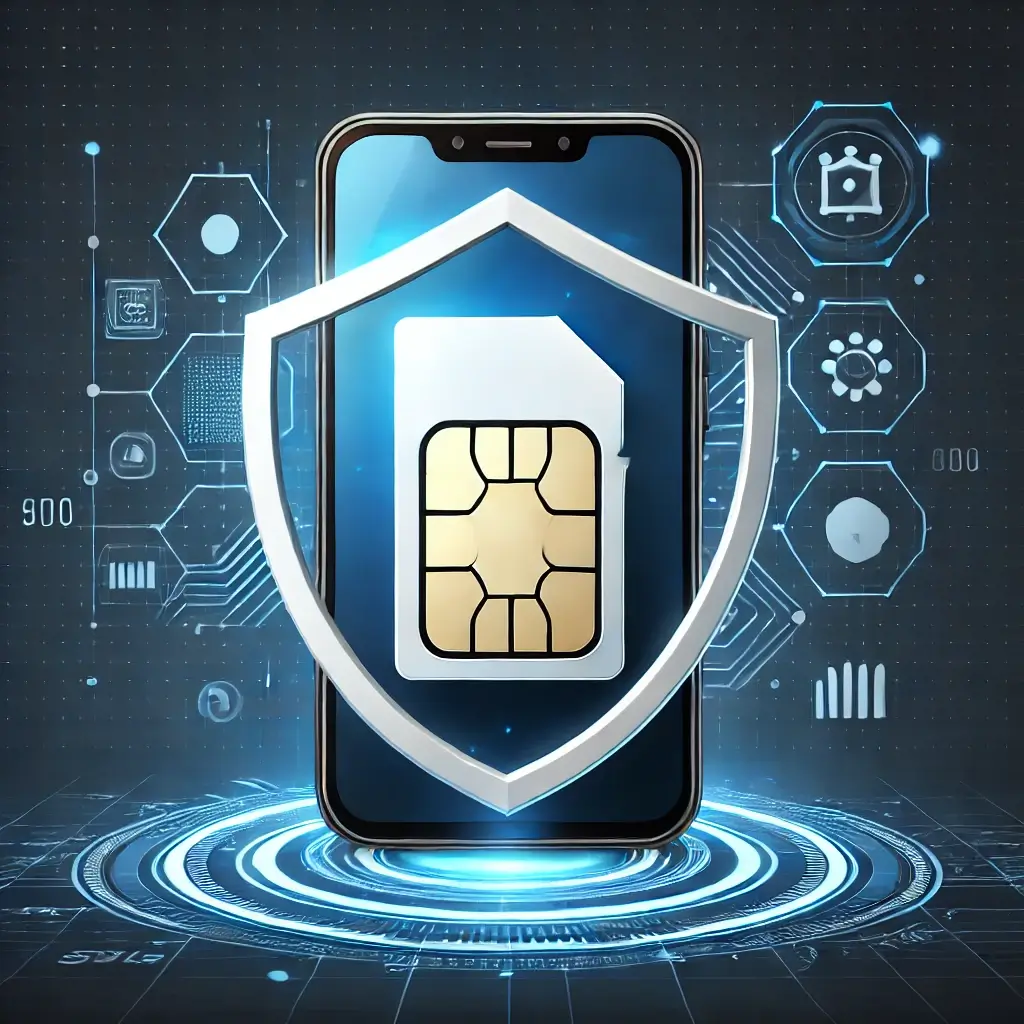 SIM 카드가 삽입된 스마트폰 위에 빛나는 보호막이 있는 모바일 보안 일러스