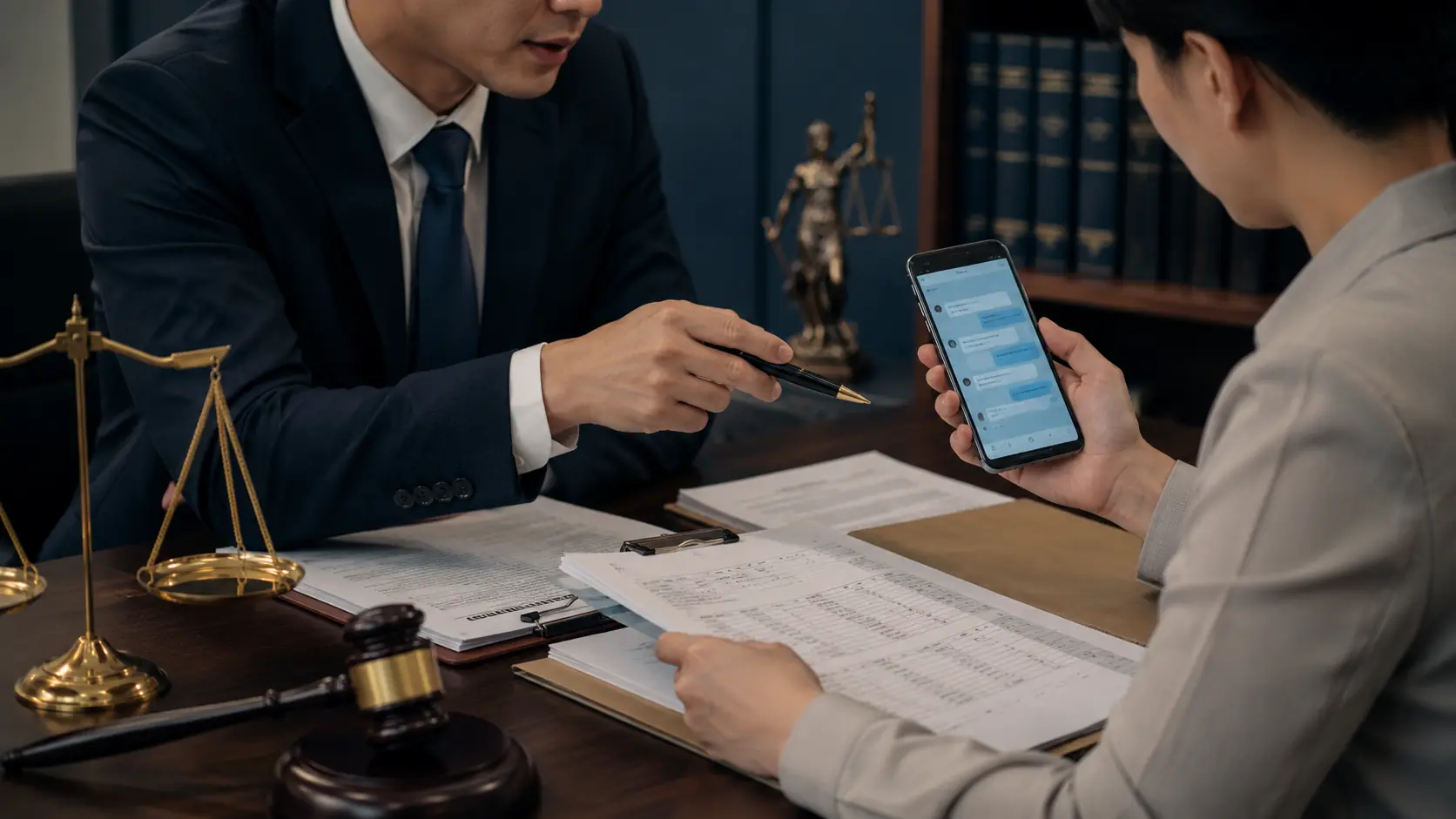 카카오톡 대화와 증거 서류를 검토하는 법률 상담 장면