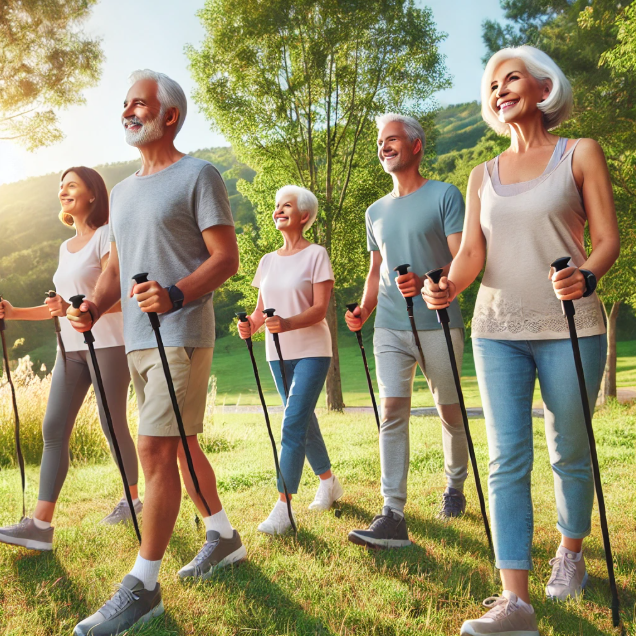 노르딕 워킹을 하는 중년의 사람들