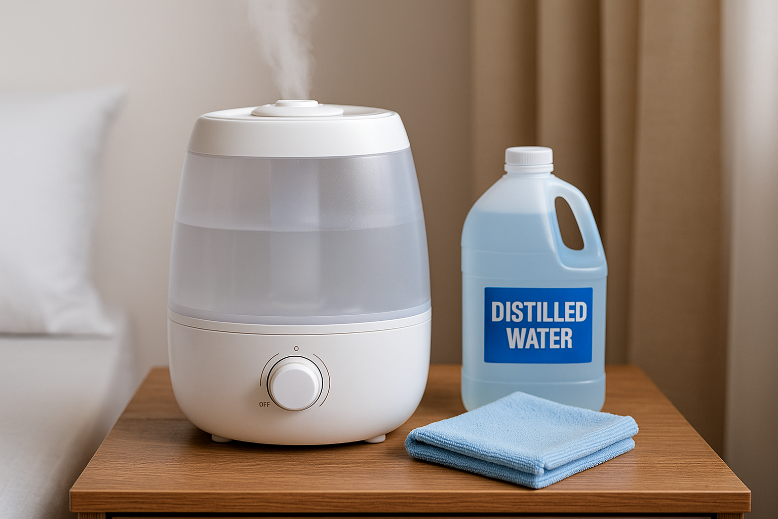 증류수와 마른 수건으로 위생 관리 중인 가정용 가습기(초음파식) 실사 썸네일