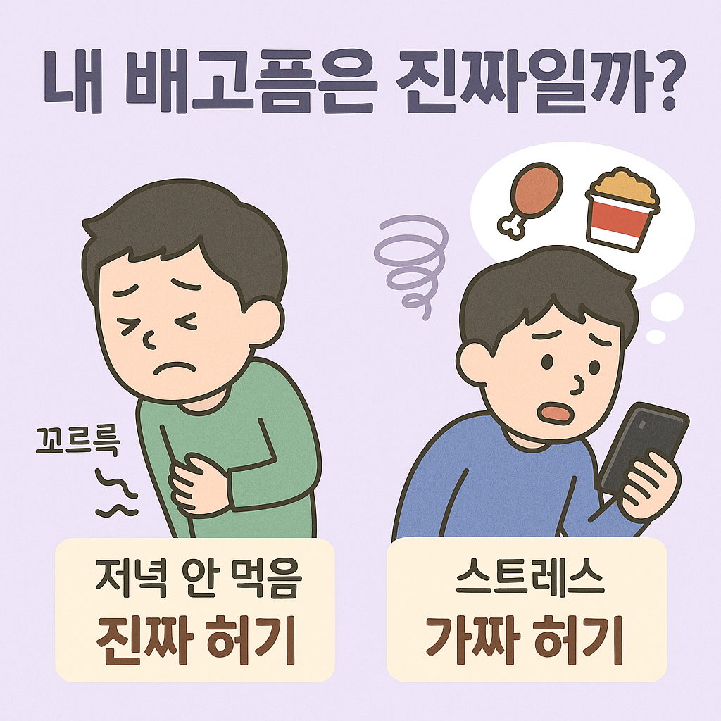 왼쪽은 저녁을 먹지 않아 배를 잡고 꼬르륵거리는 진짜 허기, 오른쪽은 스트레스와 스마트폰 때문에 치킨을 떠올리는 가짜 허기를 표현한 비교 인포그래픽”