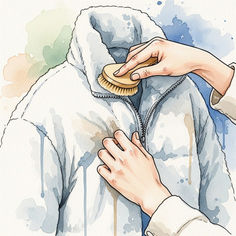 패딩의 볼륨감을 살리기 위해 두드리는 장면