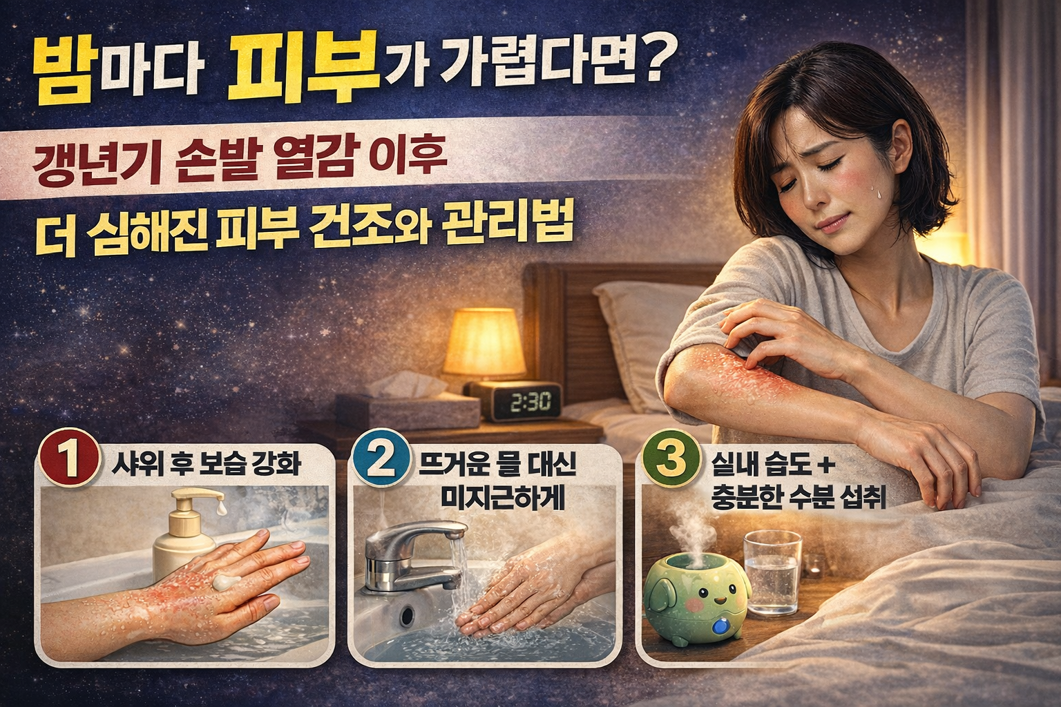밤마다 피부가 가려운 갱년기 여성의 피부 건조 증상과 관리 방법을 설명하는 이미지