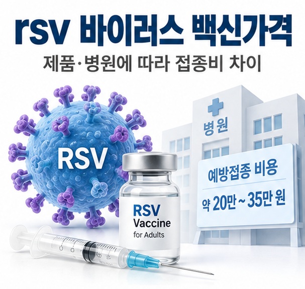 rsv 바이러스 백신가격이라는 제목과 성인 RSV 백신 주사기, 병원 가격표를 함께 표현한 대표 이미지