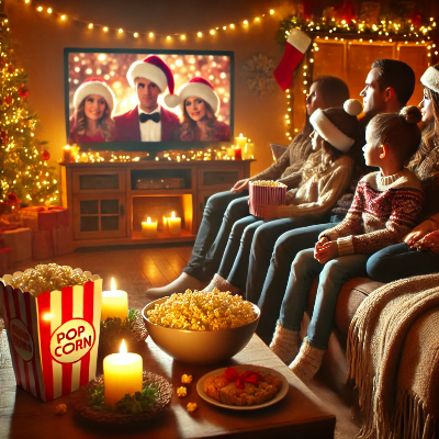 설 연휴 동안 가족이 소파에 앉아 함께 영화를 즐기는 따뜻한 모습. 팝콘과 함께 편안한 거실 분위기.