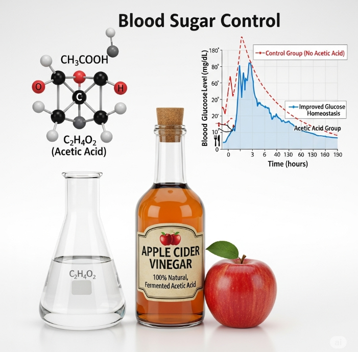 실험실 비커와 사과식초 병, 그리고 혈당 조절 그래프를 보여주는 과학적인 일러스트. 아세트산의 화학적 구조와 효능을 상징적으로 표현하고 있다