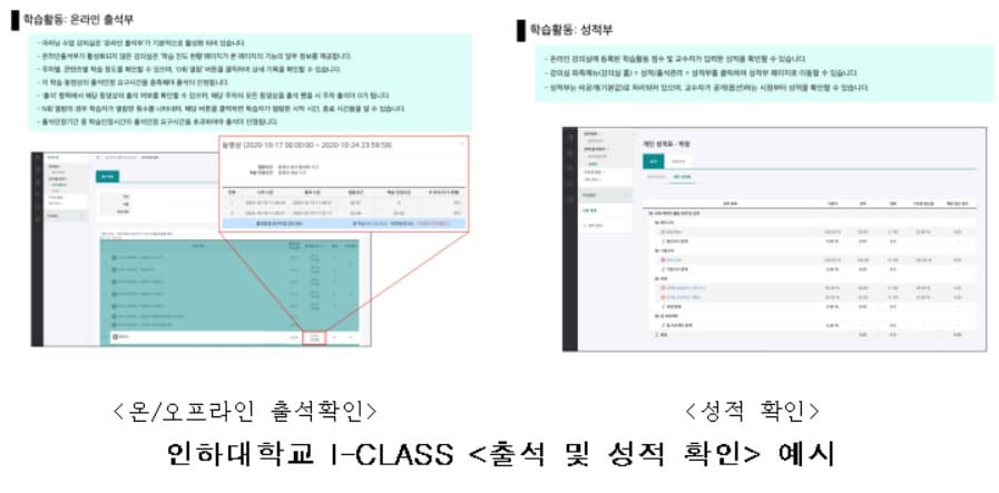 인하대학교 ICLASS 출석 및 성적 확인 예시 사진