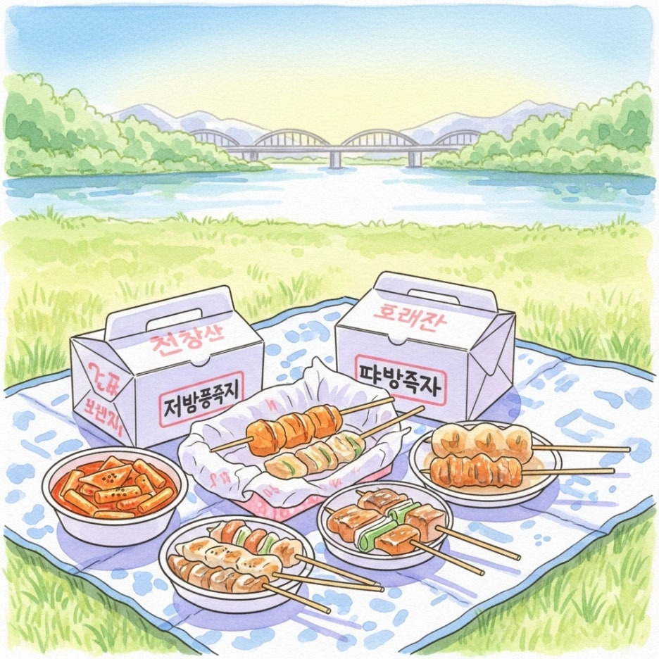 피크닉 매트 위에 차려진 맛있는 음식들과 한강의 전경