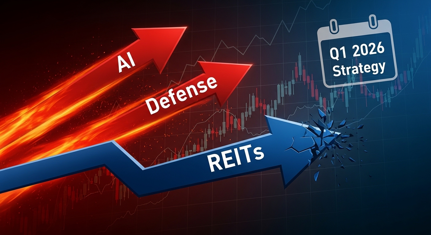 ETF 차트 위에 'AI'와 '방산'은 불꽃이 튀며 상승하고, '리츠'는 아래로 급락하는 역동적인 대비 일러스트. 2026년 1분기 포트폴리오 스케줄표가 겹쳐 있음
