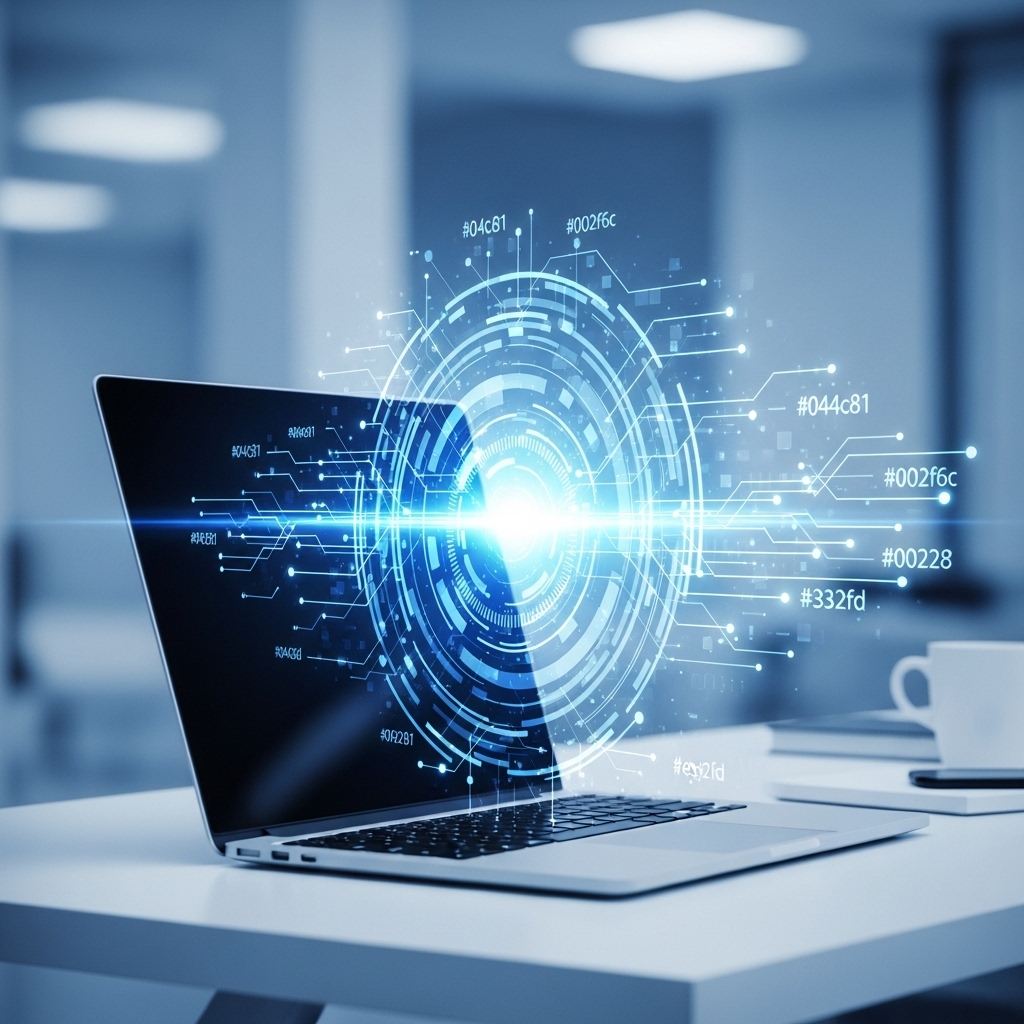 2025년 최신 가성비 노트북이 열려있는 모습, 효율적인 작업 환경을 상징하며 클래식 블루 테마.