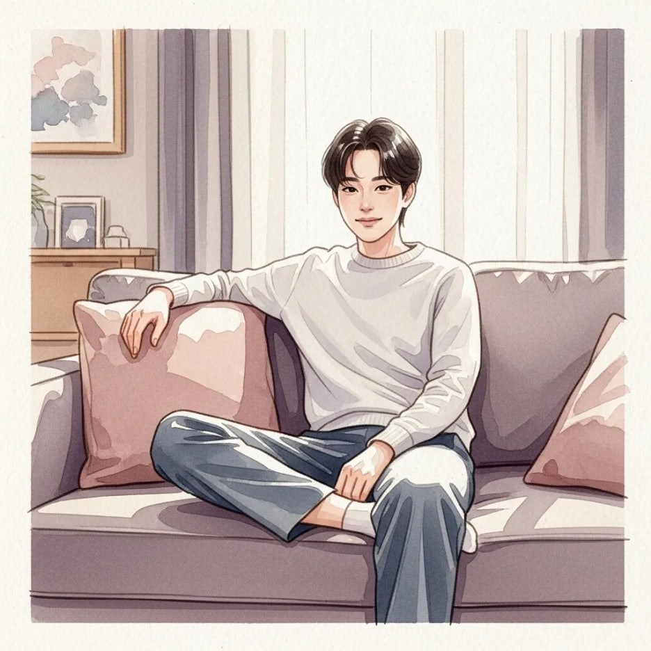 집에서 편안한 옷차림으로 휴식하는 사람.