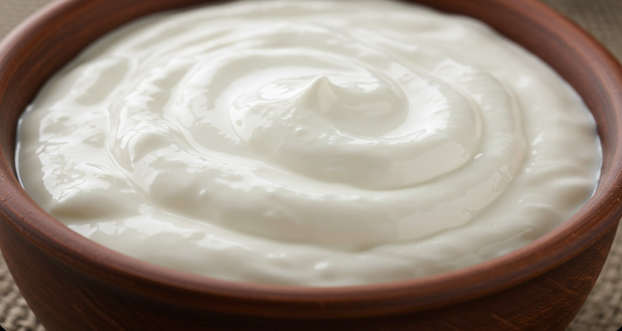 그릇에 하얗고 꾸덕한 그릭 요거트가 담겨 있는 모습