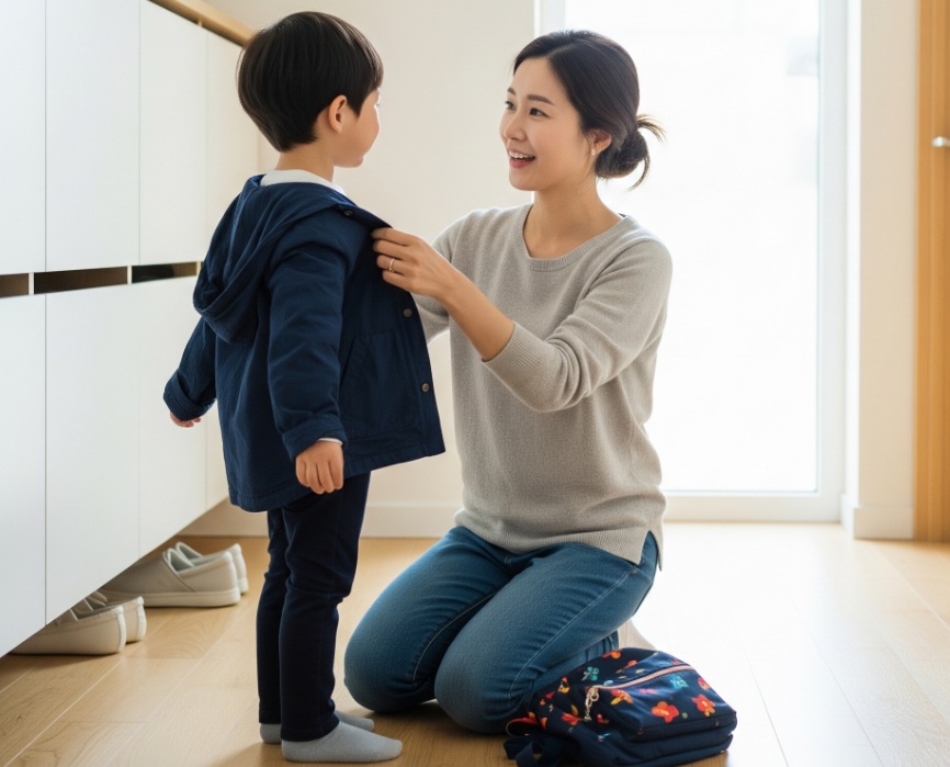 외출 준비하는 일상에서 엄마가 아이와 대화하는 모습