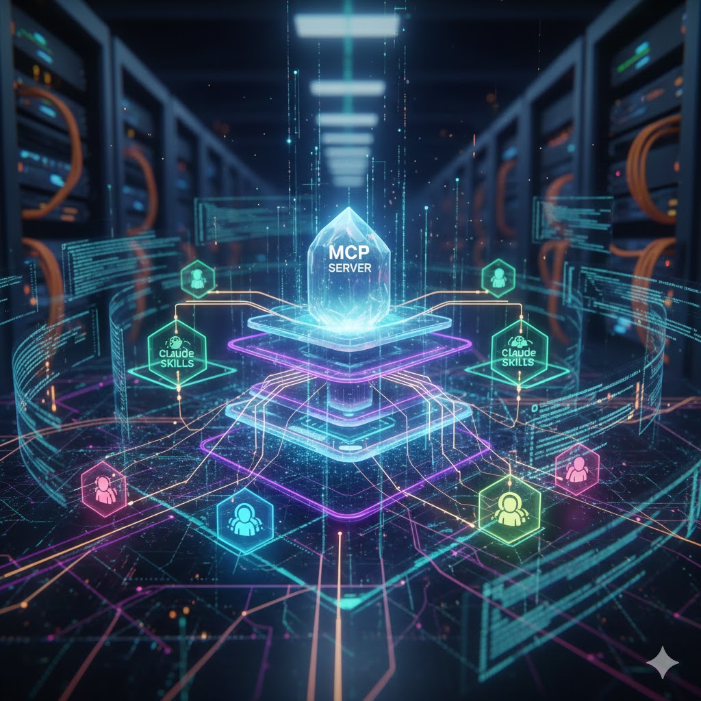어두운 서버실 배경 중앙에 빛나는 보라색과 하늘색 크리스털 형태의 계층적 구조가 있어요. 이 구조의 최상단에는 'MCP SERVER'라는 글자가 빛나고, 그 아래 계층에는 'CLAUDE SKILLS'라는 글자가 적힌 육각형 노드가 연결되어 있어요. 가장 아래에는 여러 개의 작은 아이콘들이 복잡하게 연결된 회로 기판 위에 놓여 있으며, 이는 엔트로픽의 MCP 서버, 스킬, 그리고 서브 에이전트가 상호 연결된 고도화된 AI 시스템 환경을 시각적으로 보여주고 있어요.