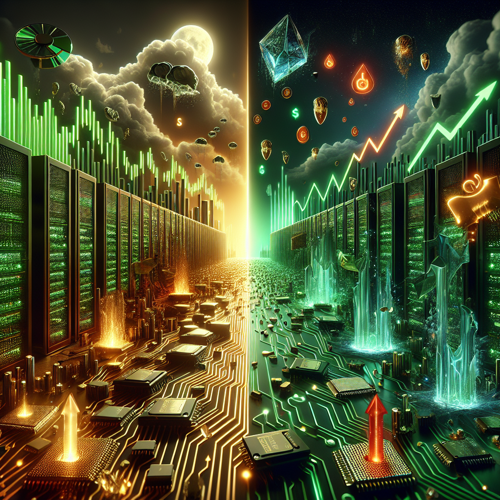 alt="엔비디아의 성공과 리스크를 보여주는 주가 차트와 GPU 칩, 과열된 AI 투자 시장의 변동성을 상징하는 상승·하락 화살표"
