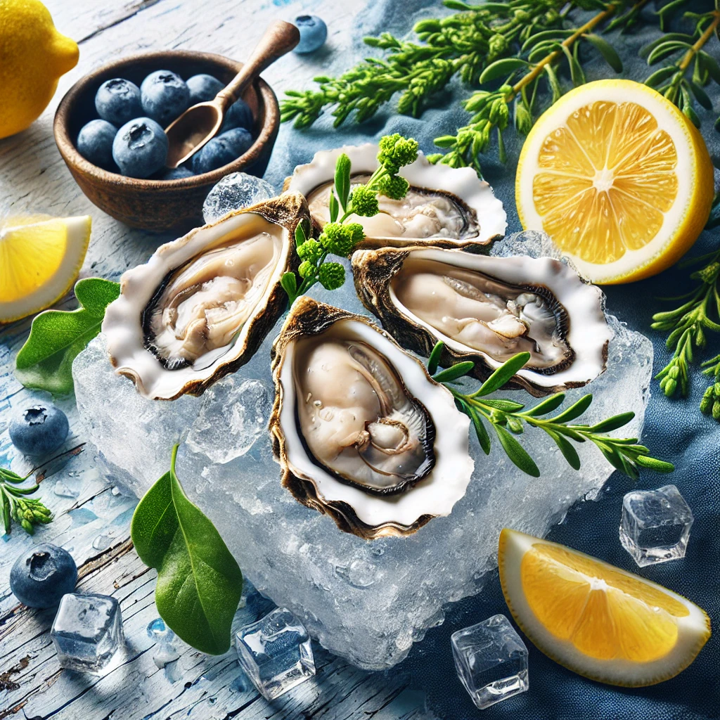 "신선한 굴이 얼음 위에 놓여 있고, 그 주위에 레몬 조각들이 배치된 장면"
