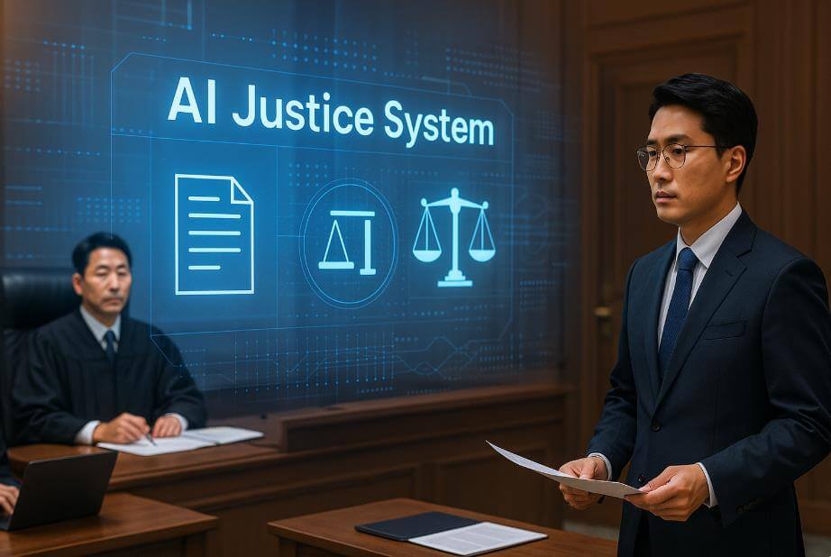 현대 법정에서 AI 홀로그램 시스템을 검토하는 모습
