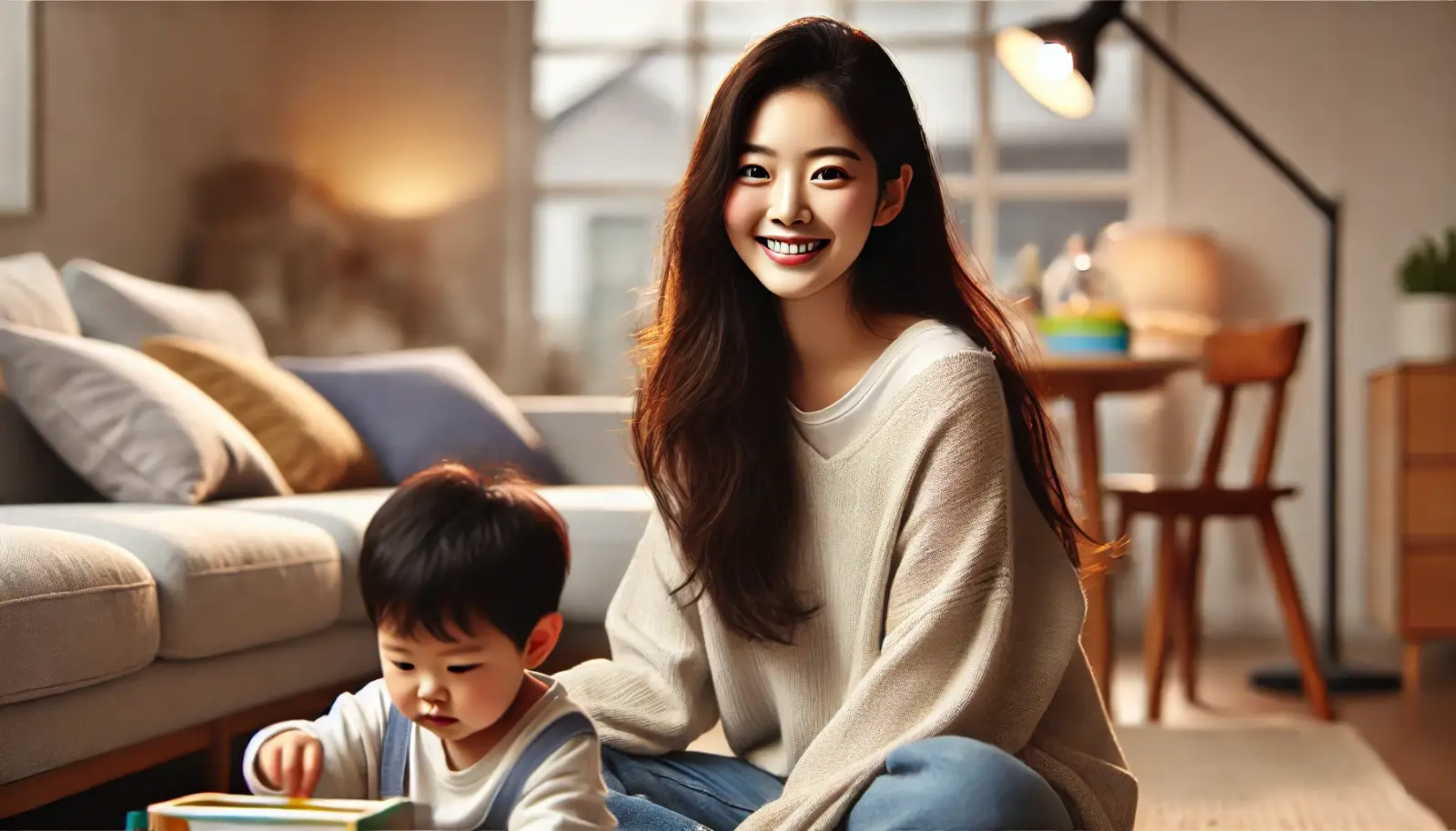 어린이를 돌보고 있는 여성