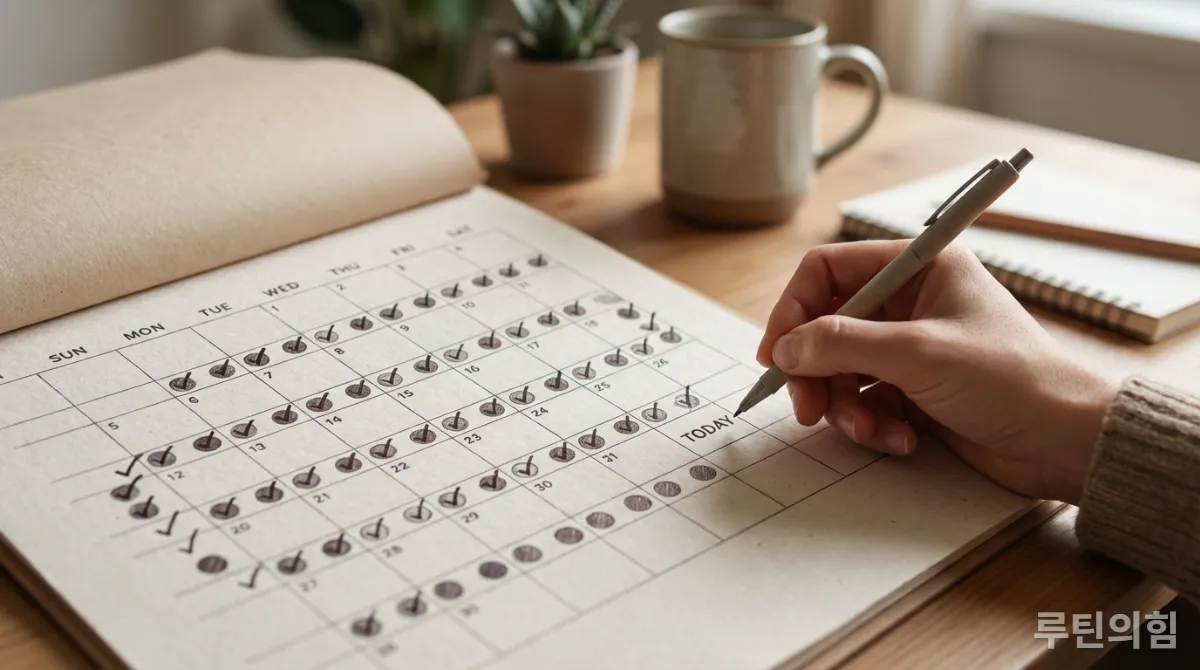 습관 추적 앱이나 달력에 꾸준히 실천한 루틴이 표시된 모습