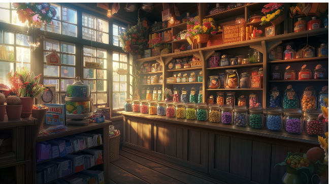 밝은 햇살이 비추는 소규모 상점 내부, 재창업으로 다시 문을 연 소상공인의 따뜻한 가게 모습