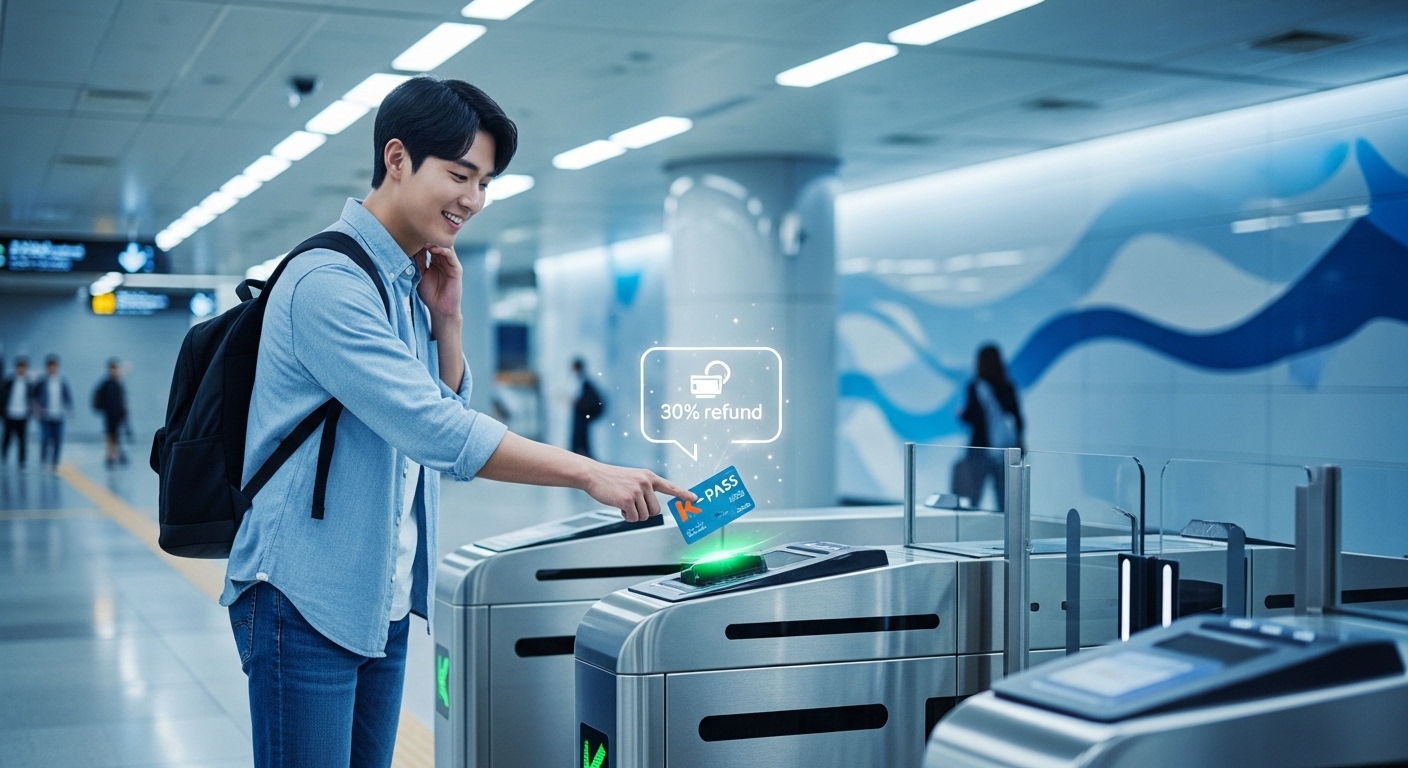 지하철 개찰구에서 K-패스카드를 사용하며 30% 환급혜택을 받는 쳥년의 모습. 편리하고 경제적인 대중교통 이용을 상징합니다