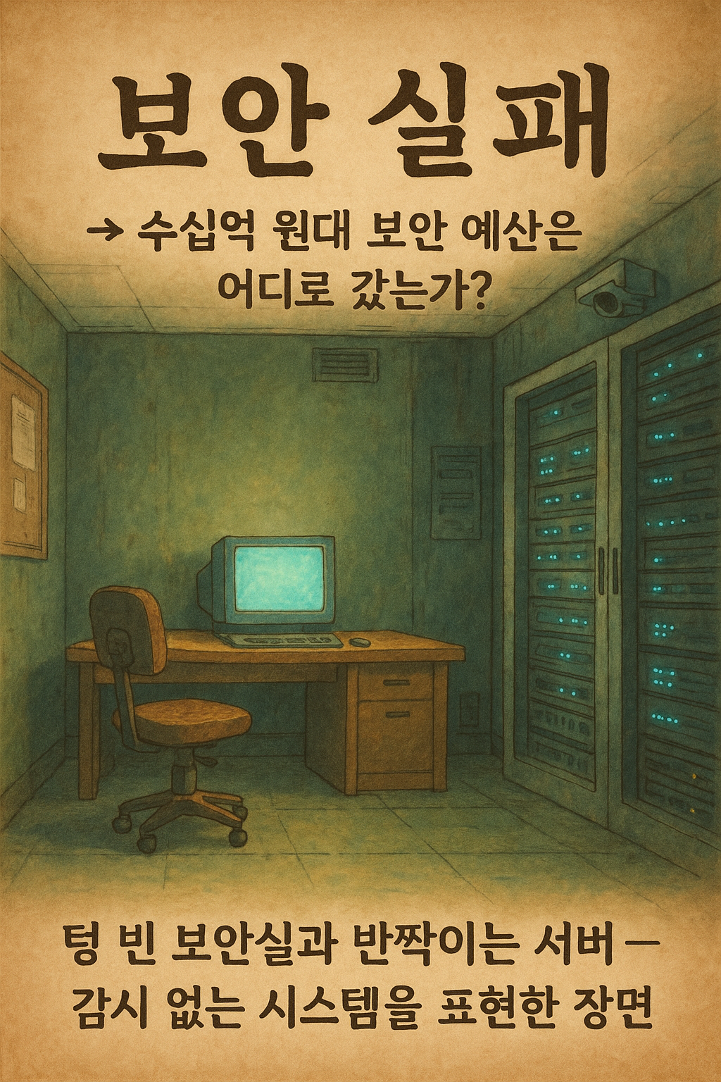 “텅 빈 보안실과 반짝이는 서버 – 감시 없는 시스템을 표현한 장면”