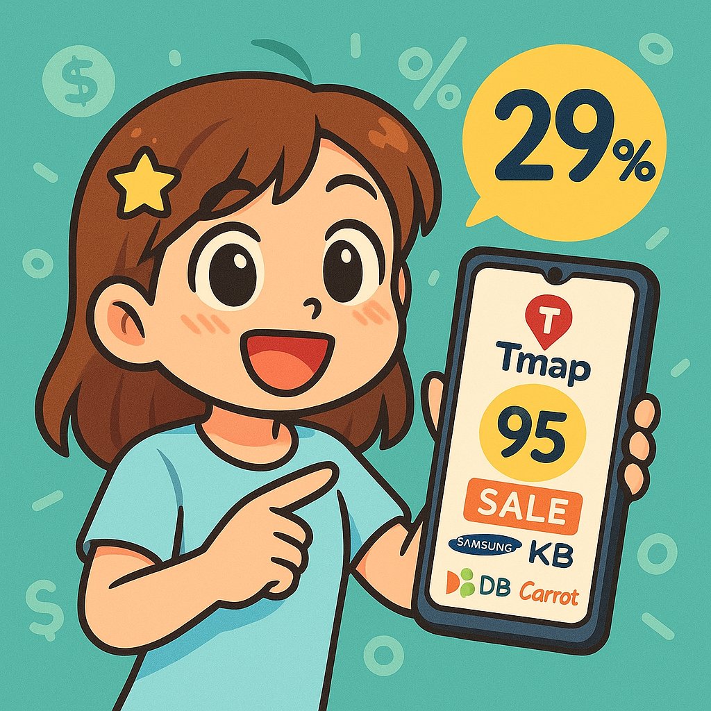 T맵 운전점수 95점으로 보험료 29% 할인 안내 - 캐릭터가 휴대폰을 가리키는 모습