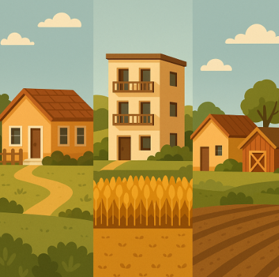 전원 마을 배경 속 단독주택, 다가구형 건물, 농가주택이 나란히 배치된 귀촌 임대주택