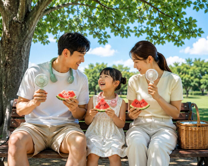 휴대용 선풍기와 수박으로 더위를 떨치는 가족