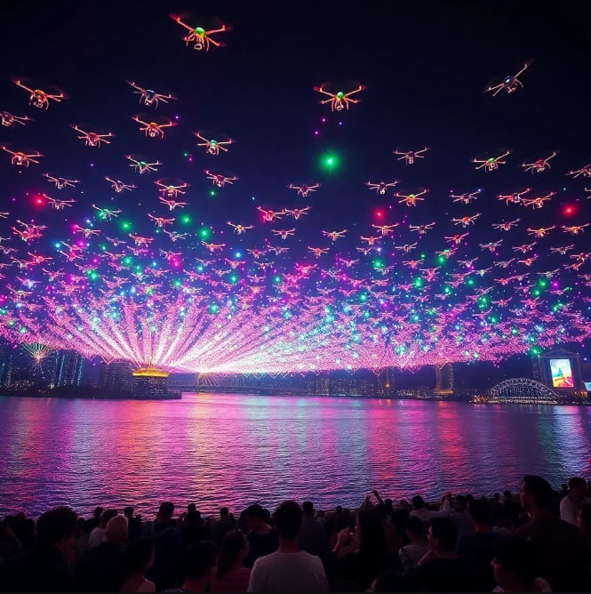 한강 위에서 펼쳐지는 드론 불빛 쇼의 전경을 담은 이미지