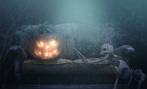 공포를 느끼는 해골과 호박귀신 이미지