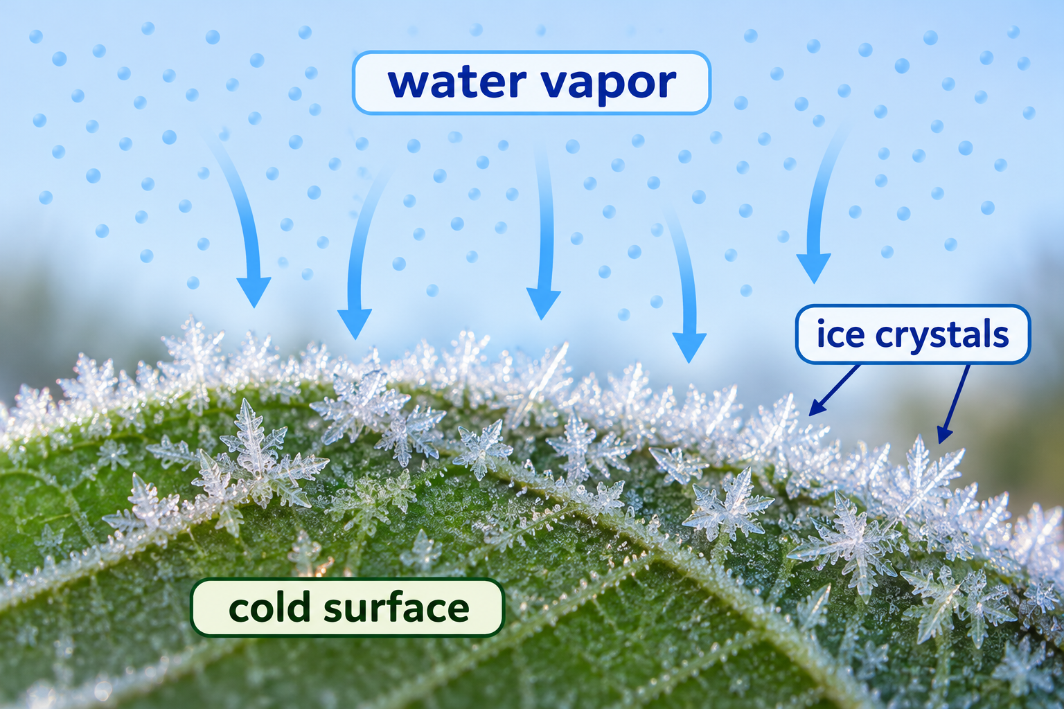 A diagram showing invisible water vapor forming ice crystals on a cold leaf