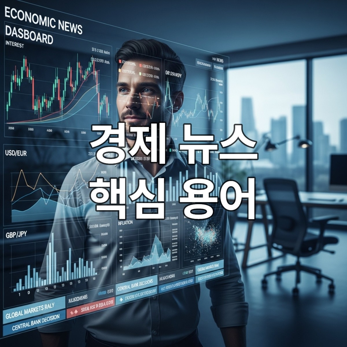 경제 뉴스 대시보드를 자신감 있게 바라보며 핵심 지표를 이해하는 사람의 모습