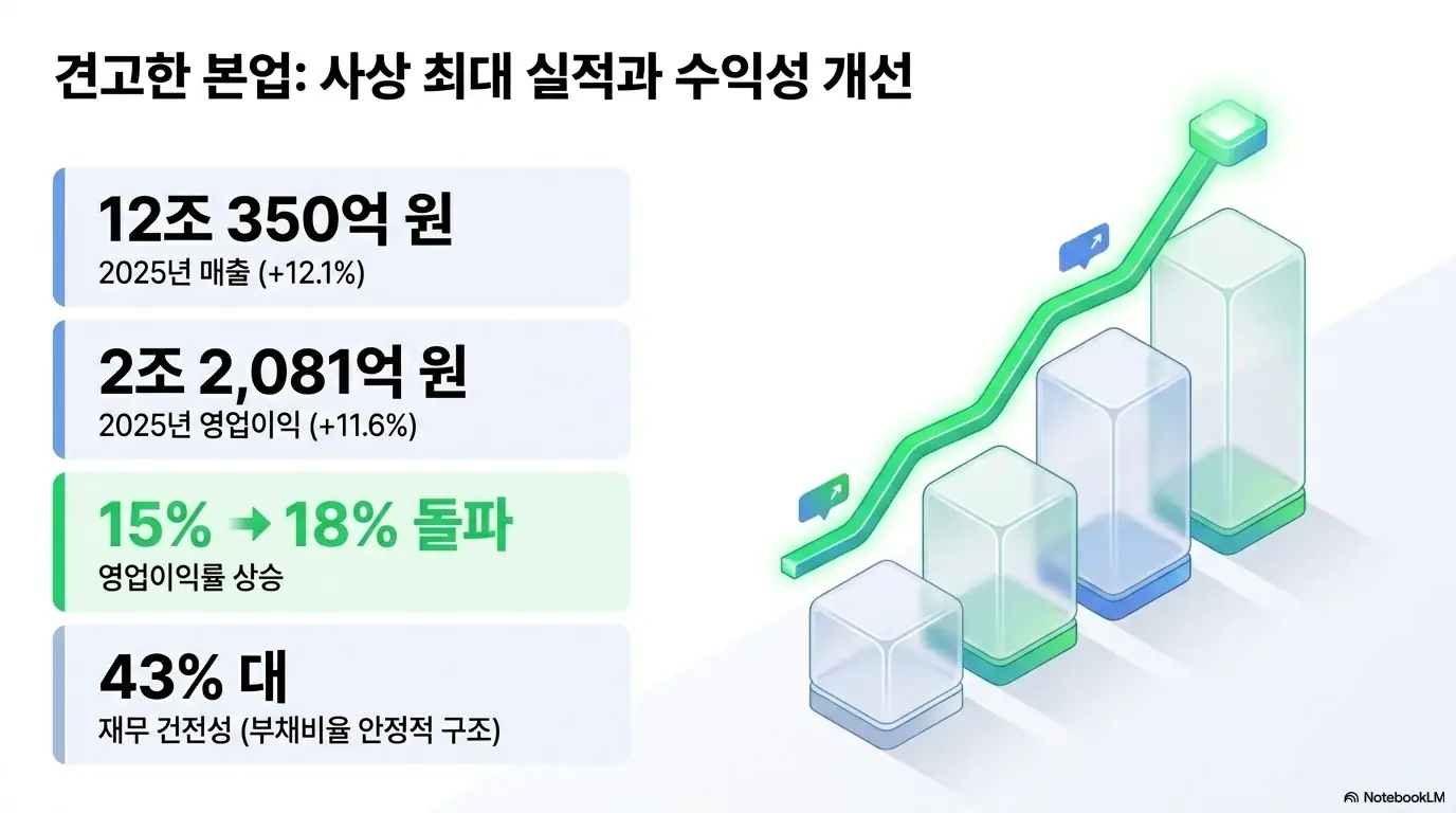 네이버 주가 전망: 2025년 매출 12조 350억 원과 영업이익 2조 2&amp;#44;081억 원 영업이익률 18% 돌파 부채비율 43%대를 막대 그래프로 정리한 네이버 사상 최대 실적 인포그래픽