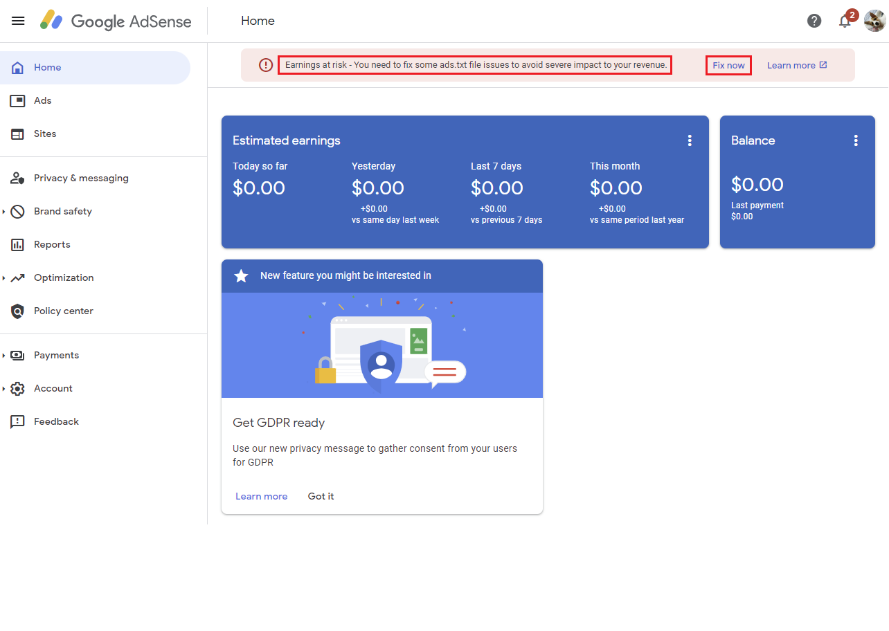 구글 애드센스 Earnings at risk - You need to fix some ads.txt file issues to avoid severe impact to your revenue.