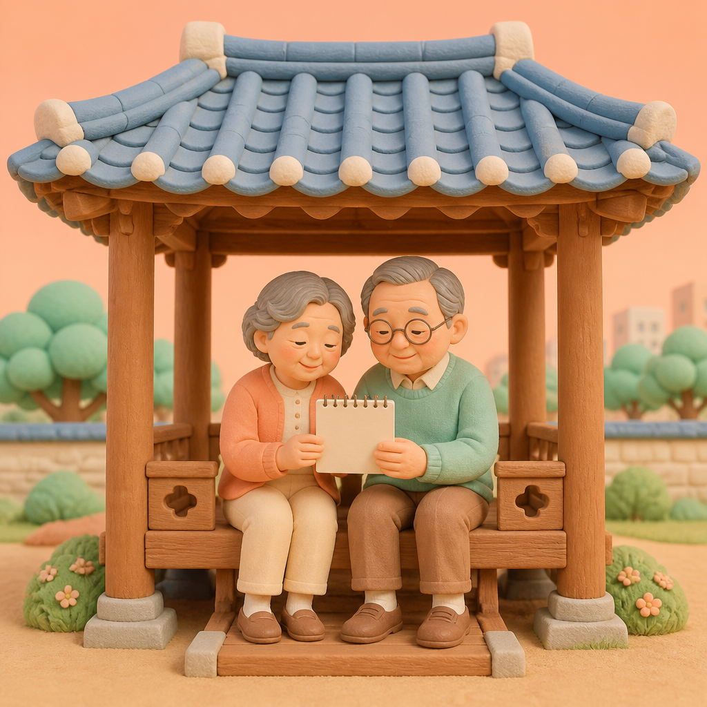 동네 공원 정자에 앉아 장보기 목록을 함께 보는 노부부