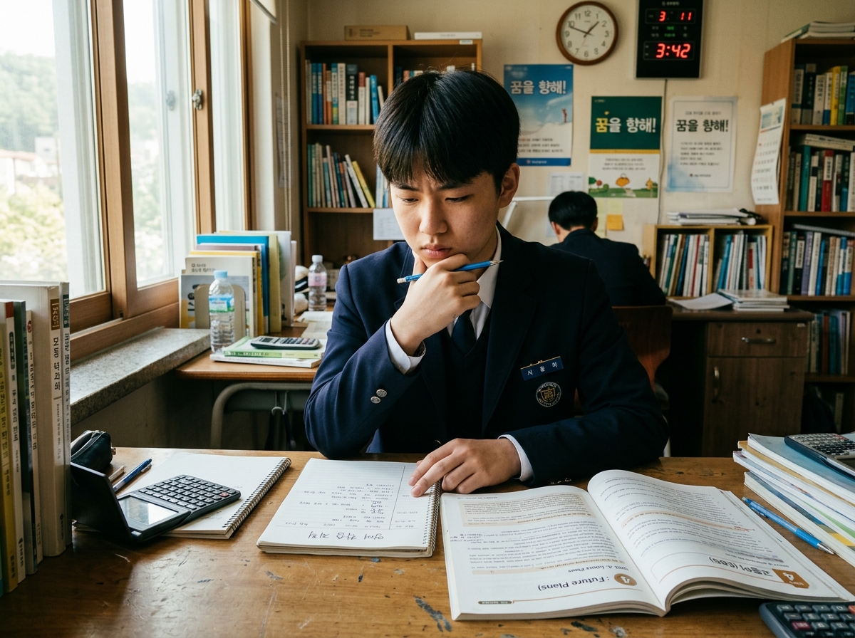 고등학생이 영어 학습 순서를 고민하며 계획표를 보는 모습