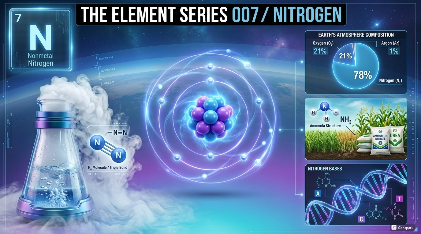 A high-end scientific visual for Nitrogen (N) in 'The Element Series' style. Top: black horizontal bar with white text 'THE ELEMENT SERIES 007 / NITROGEN'. Top left: square periodic table tile showing '7', 'N', 'Nonmetal', 'Nitrogen'. Center: glowing 3D atomic model of Nitrogen with orbiting electrons and nucleus with cool blue-purple glow. Left side: cryogenic flask with boiling liquid nitrogen creating white vapor fog and N2 molecule diagram showing triple bond. Right side: Earth's atmosphere composition pie chart showing 78% nitrogen, green crops with fertilizer bags showing NH3 ammonia structure, and DNA double helix structure highlighting nitrogen bases. Background: atmospheric sky gradient from blue to purple, cool blue and purple light accents. High-tech aesthetic emphasizing atmospheric and biological importance. Professional educational visualization with modern scientific poster design.