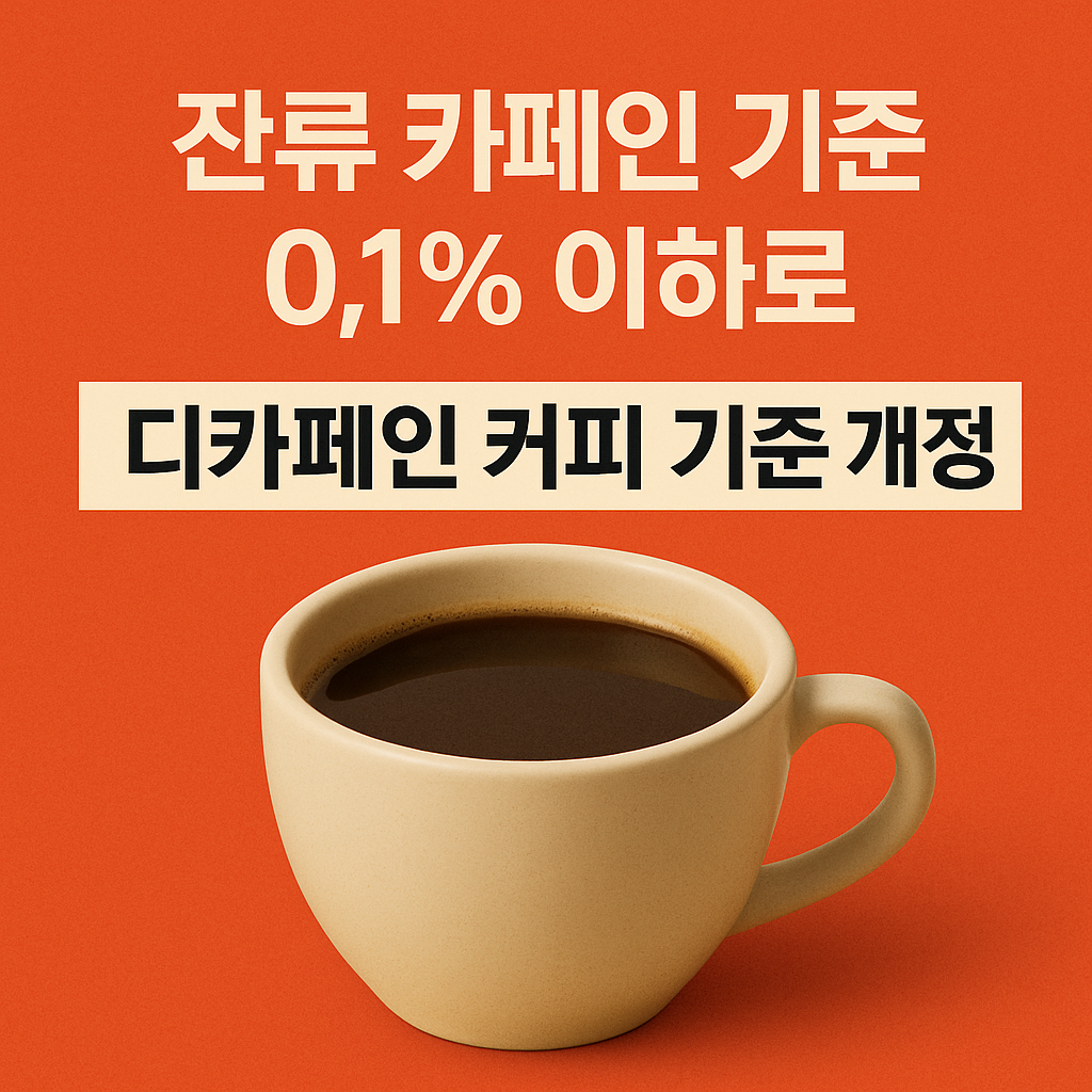<!-- ALT: “잔류 카페인 기준 0.1% 이하로 디카페인 커피 기준 개정 소식을 알리는 커피잔 이미지” -->