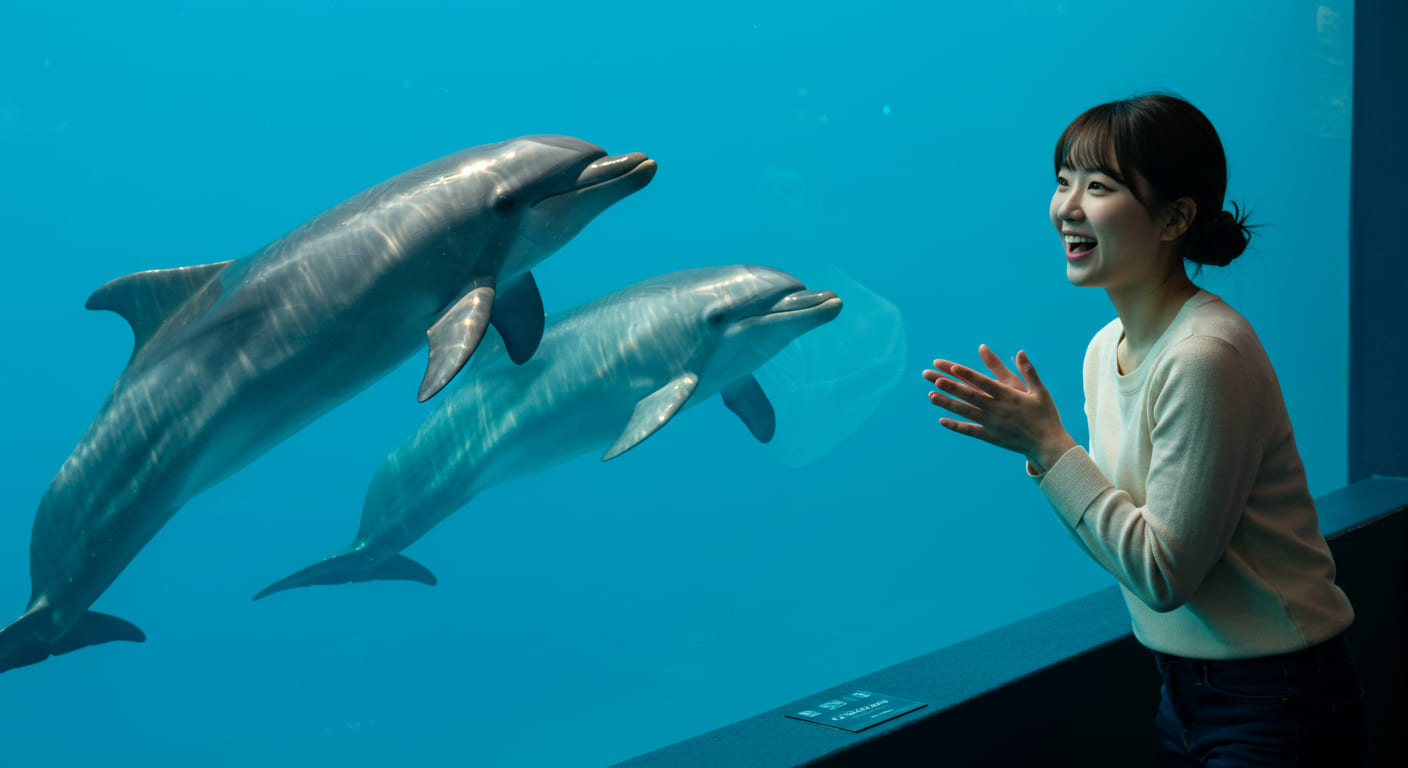 나고야항 수족관에서 돌고래 쇼를 구경하는 한국인
