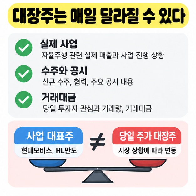 자율주행 대장주 판단 기준으로 실제 사업, 수주와 공시, 거래대금을 확인하도록 정리한 카드