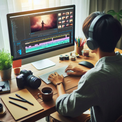 헤드폰을 착용한 남성이 영상을 편집하는 모습.