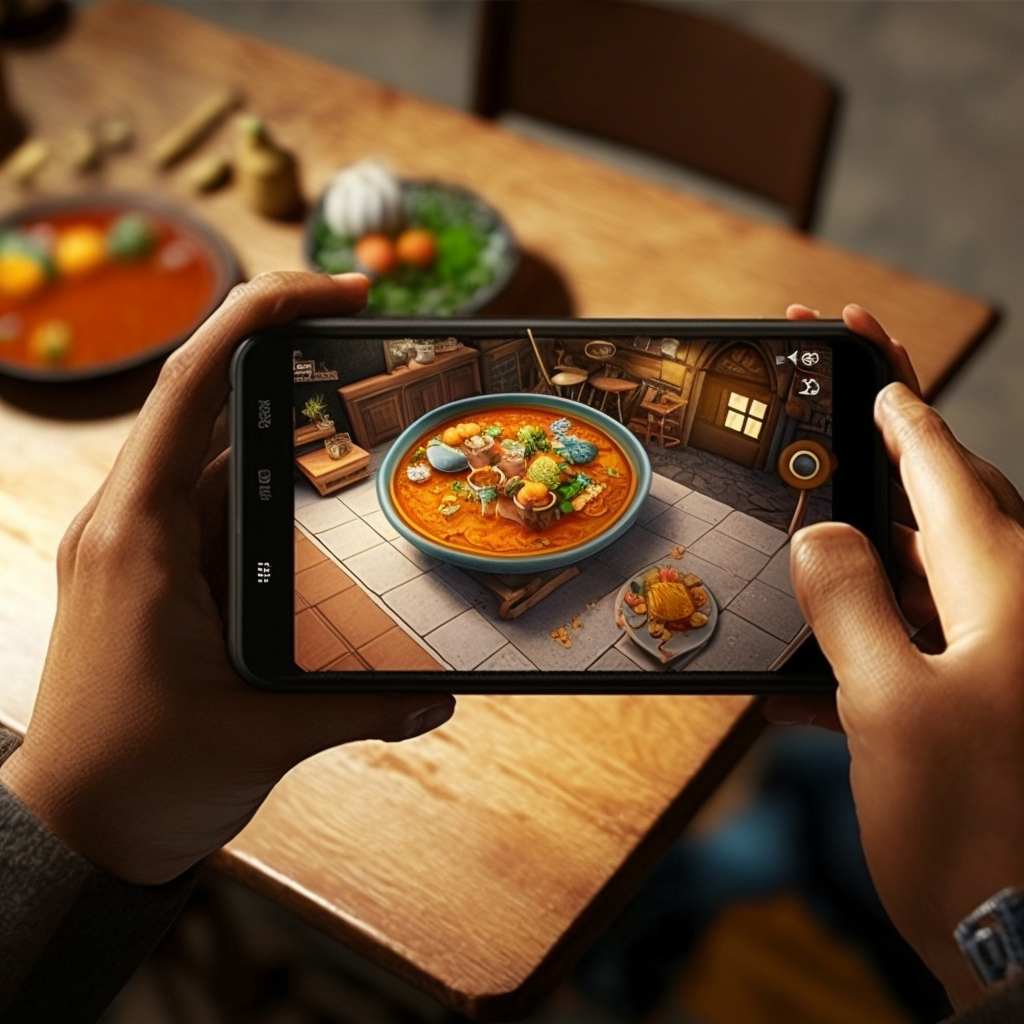 음식을 핸드폰으로 찍고 있는 그림