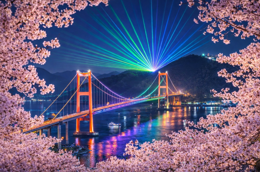 벚꽃 만개한 남해대교 레이저쇼, 봄밤 여행 이것만 보면 끝