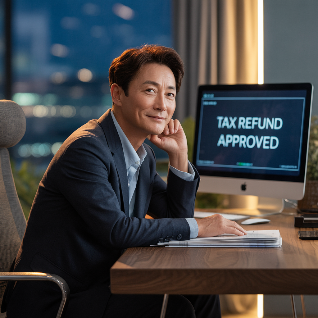 중년남성이 의자에 앉아 있고 모니터에는 부가세라고 표현한 장면