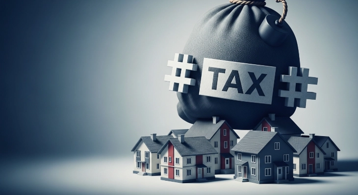 무거운 세금 주머니가 여러 채의 주택 위로 떨어지는 모습으로, 다주택자 양도소득세 중과 유예 종료로 인한 세금 부담을 시각적으로 표현한 이미지.